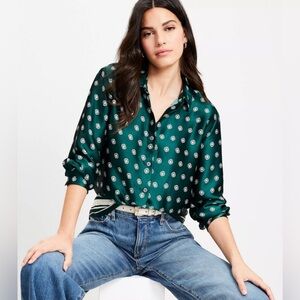 LOFT Dark Green Geometric Print Blouse